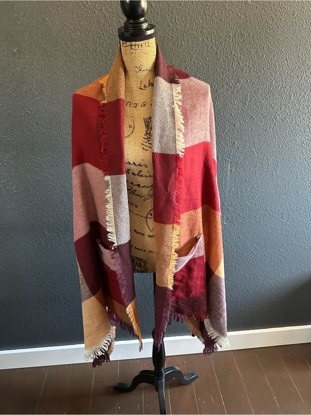 Grace & Lace Color Block Pocket Poncho Wrap Burgundy Rust OS